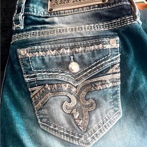 Rock Revival Women's Boot Cut Jeans Teal Blue with Silver Stitching